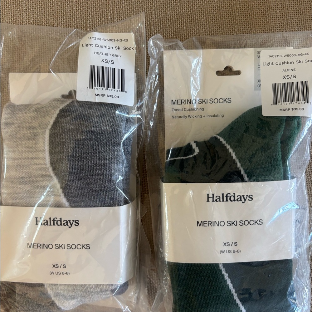 Halfdays Merino Ski Socks - Heather Grey & Alpine Green - XS/S